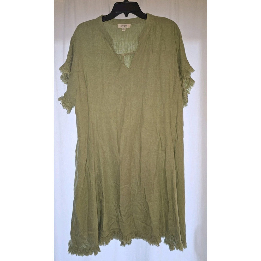 Umgee USA Women's 2XL Green Mini Dress Tunic Linen Fringed Edges With Pockets